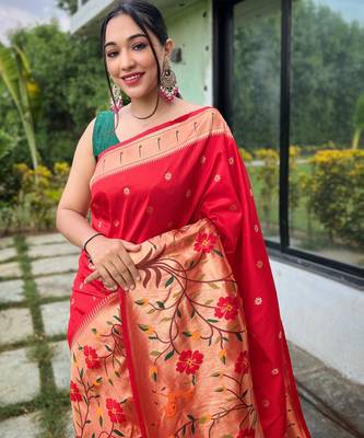 Red woven paithani silk saree with blouse piece 2