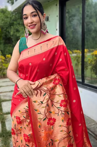 Red woven paithani silk saree with blouse piece