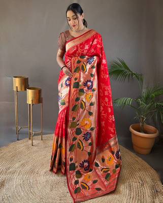 Red woven paithani silk saree with blouse piece 1