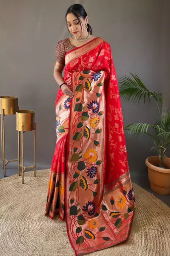 Red woven paithani silk saree with blouse piece