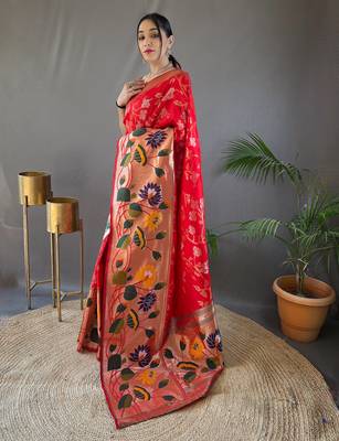 Red woven paithani silk saree with blouse piece 2