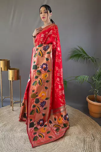 Red woven paithani silk saree with blouse piece