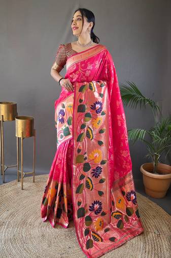 Pink woven paithani silk saree with blouse piece