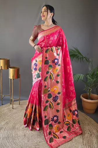 Pink woven paithani silk saree with blouse piece