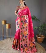 Pink woven paithani silk saree with blouse piece