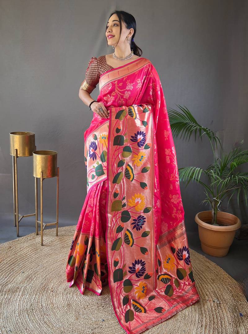 Pink woven paithani silk saree with blouse piece