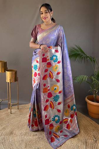 Lavender woven paithani silk saree with blouse piece