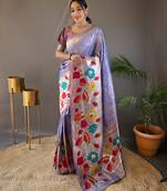 Lavender woven paithani silk saree with blouse piece