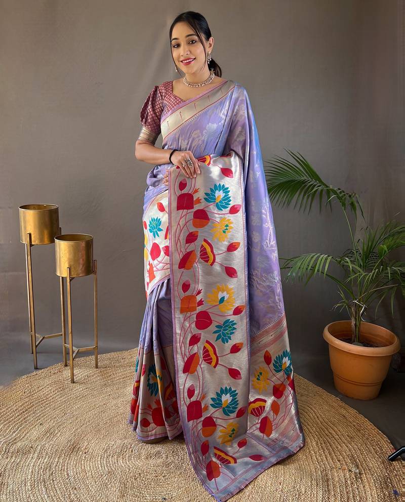 Lavender woven paithani silk saree with blouse piece