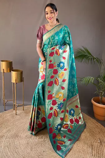 Turquoise woven paithani silk saree with blouse piece
