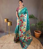 Turquoise woven paithani silk saree with blouse piece
