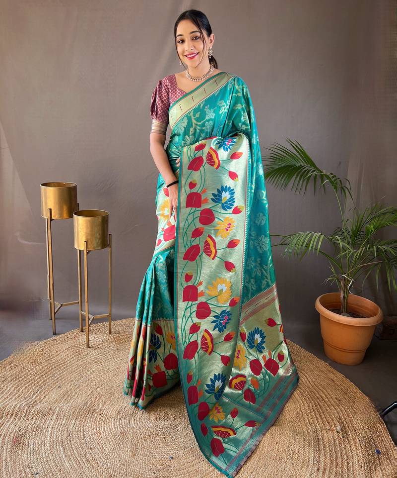 Turquoise woven paithani silk saree with blouse piece