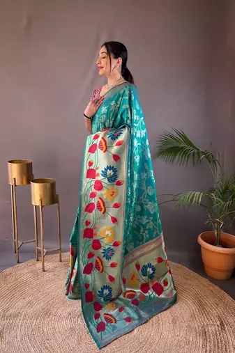 Turquoise woven paithani silk saree with blouse piece
