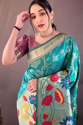 Turquoise woven paithani silk saree with blouse piece
