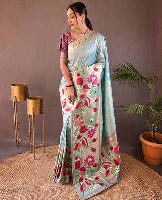 Sky blue woven paithani silk saree with blouse piece 1