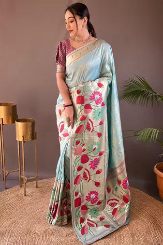 Sky blue woven paithani silk saree with blouse piece