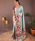 Sky blue woven paithani silk saree with blouse piece
