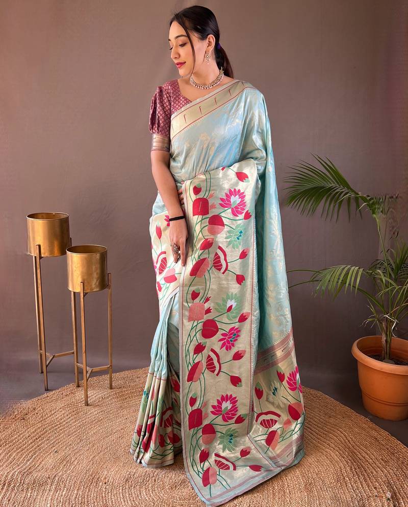 Sky blue woven paithani silk saree with blouse piece