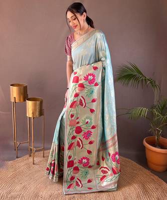 Sky blue woven paithani silk saree with blouse piece 2
