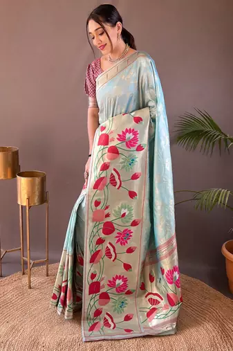 Sky blue woven paithani silk saree with blouse piece