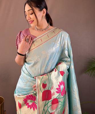Sky blue woven paithani silk saree with blouse piece 3