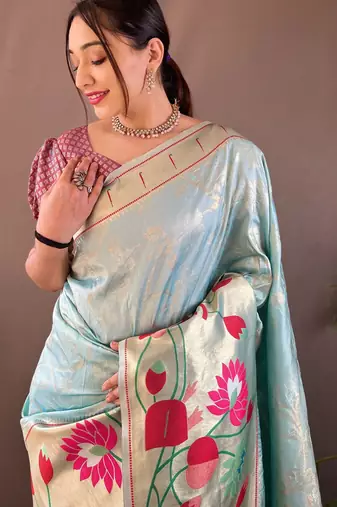 Sky blue woven paithani silk saree with blouse piece