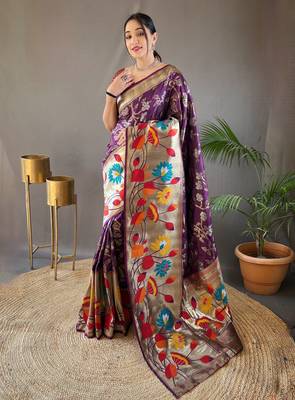 Purple woven paithani silk saree with blouse piece 1