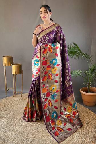 Purple woven paithani silk saree with blouse piece