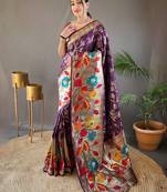 Purple woven paithani silk saree with blouse piece