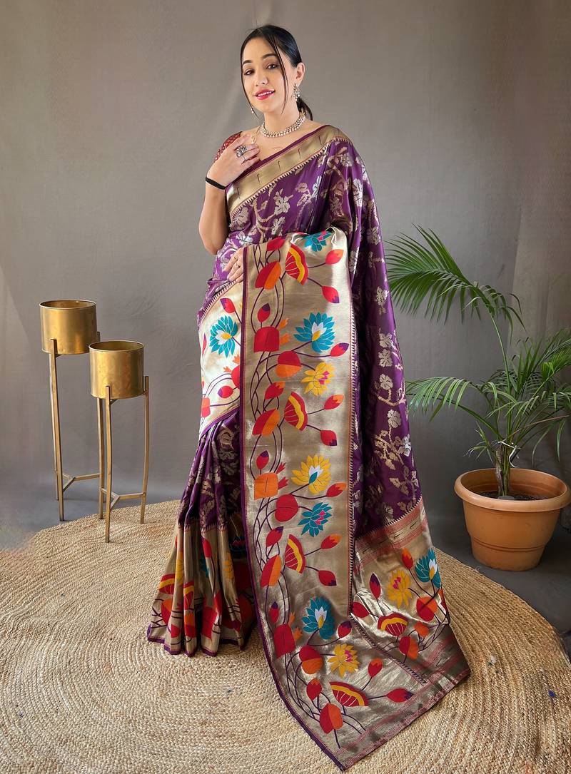 Purple woven paithani silk saree with blouse piece
