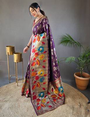 Purple woven paithani silk saree with blouse piece 2
