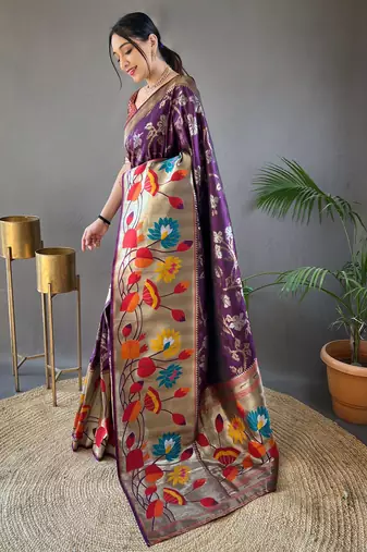 Purple woven paithani silk saree with blouse piece