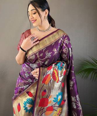 Purple woven paithani silk saree with blouse piece 3