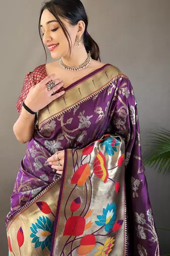 Purple woven paithani silk saree with blouse piece