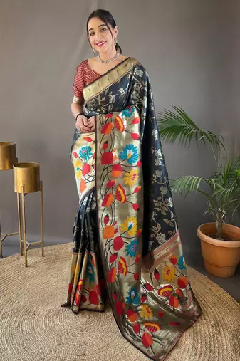 Black woven paithani silk saree with blouse piece