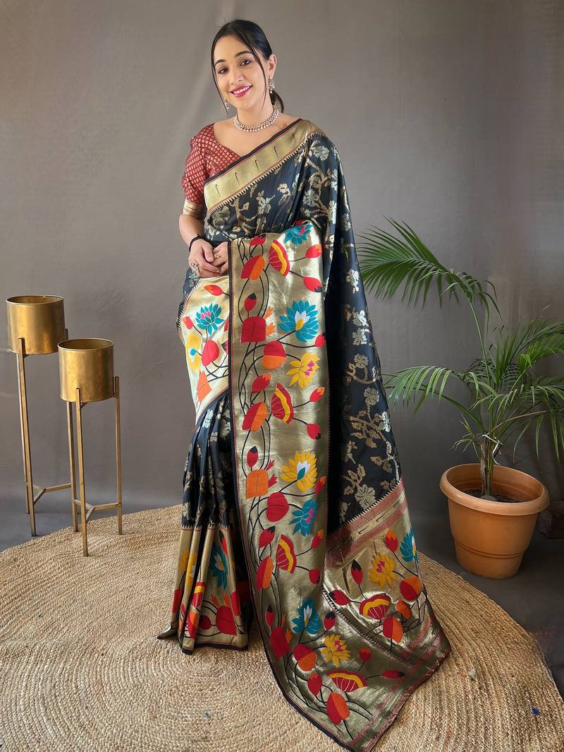 Black woven paithani silk saree with blouse piece
