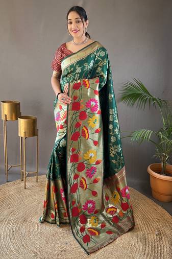 Dark green woven paithani silk saree with blouse piece