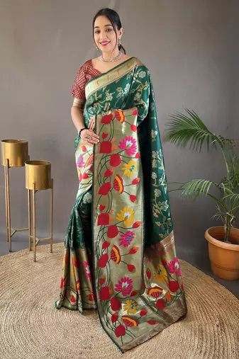 Dark green woven paithani silk saree with blouse piece