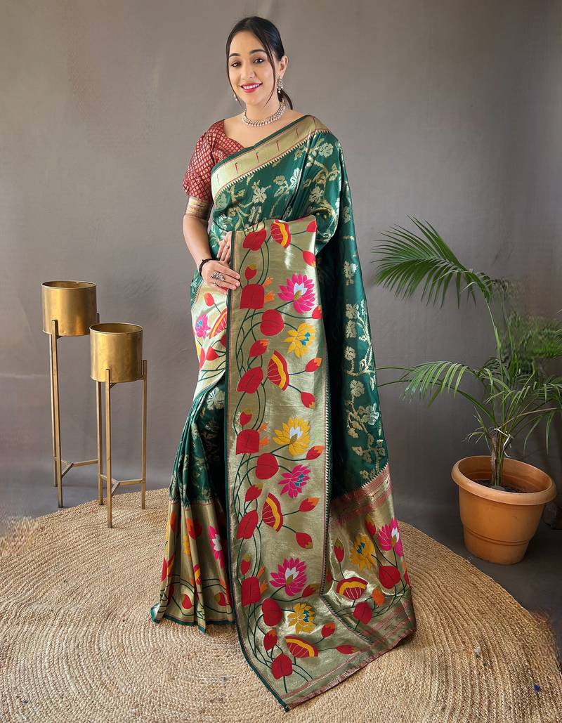 Dark green woven paithani silk saree with blouse piece