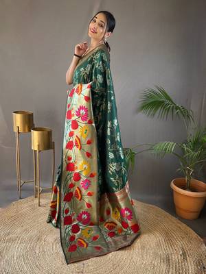 Dark green woven paithani silk saree with blouse piece 2