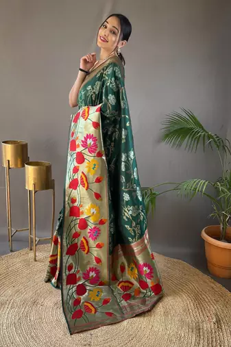 Dark green woven paithani silk saree with blouse piece