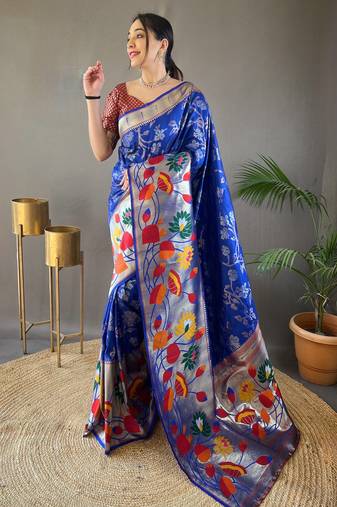 Blue woven paithani silk saree with blouse piece