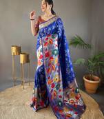 Blue woven paithani silk saree with blouse piece