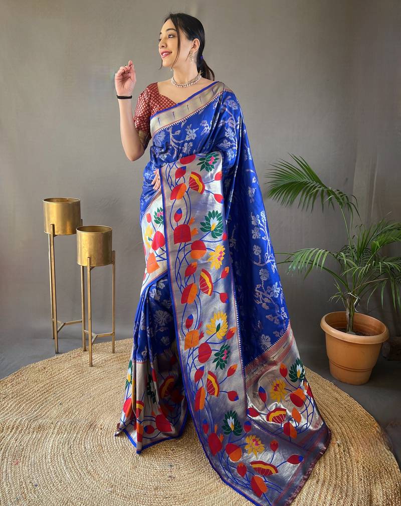 Blue woven paithani silk saree with blouse piece