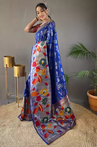 Blue woven paithani silk saree with blouse piece