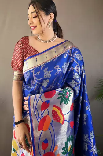 Blue woven paithani silk saree with blouse piece