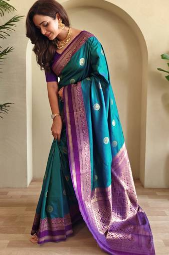 Turquoise woven silk saree with blouse piece