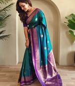 Turquoise woven silk saree with blouse piece