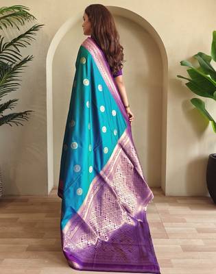 Turquoise woven silk saree with blouse piece 2