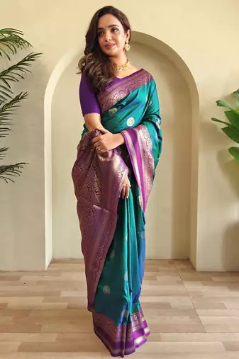 Turquoise woven silk saree with blouse piece